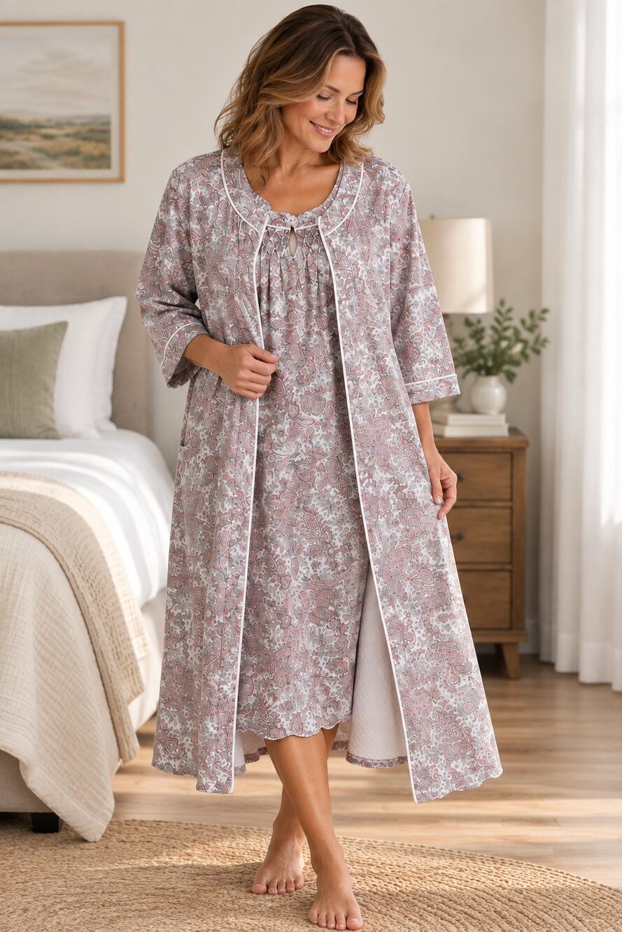 Vintage Miss Elaine Floral Pink Paisley Size M Nightgown Robe Set Cover